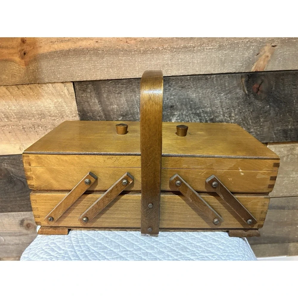 Vintage Wooden Accordion Sewing Box Fold Out Made in Poland w High Handle